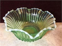 Green Ribbed Bowl with White Opalescent Trim