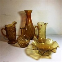 Amber Glass Lot, Pitchers, Candy Dish, Vase