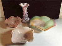 Box Lot of PInk Opalescent Glass, Vases / Bowls