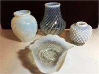 Lot of Opalescent Glass, 3 Vases, Bowl