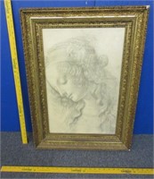 antique gold frame lady print - 31in x 22in