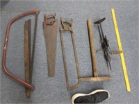 5 antique tools (hand saws -pick - drill)