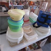 Tupperware, drying rack, gift bags, styfoam cups