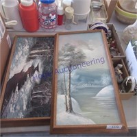 2 framed canvas painitngs, small figurines