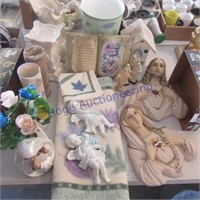 Religious decor, rug, trash can