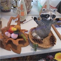Wooden bowl e/fruit, raccoon
