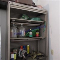 Metal cabinet w/rolling door contents-saw, hose