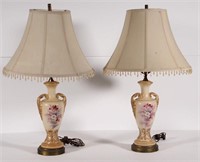 pair of floral table lamps with prisms hanging