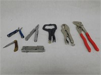Tools - mixed vice grips, wrench, multi tools