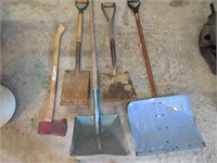red axe & 4 various shovels