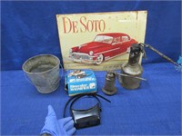 2 old oil cans -"desoto" sign -small bucket -