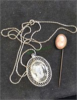 Crystal cameo necklace and a cameo stick pin that