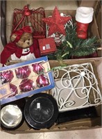 Two boxes of Christmas decorations including a