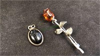 Black scarab charm, Amber Stone Rose pan, both