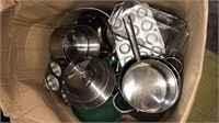 Large box of kitchen pots and pans, baking dish,