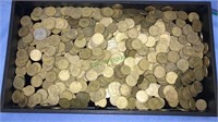 Large amount of gold tone foreign coins almost