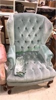 Light blue Velour wing back chair with Queen Anne