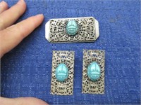 old glass scarabs-silver brooch & earrings set