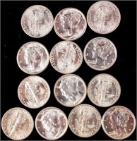 Coin 13 BU Mercury Dimes.  Nice Spot Free Coins