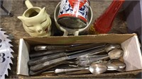 Box of silverplate, puss n boots creamer, never
