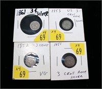 4- U.S. Silver 3-cent pieces: 1851, 1852, 1853,