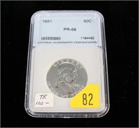1961 Franklin half dollar, slab certified PR-68