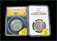 2- Franklin half dollars: 1954-D, 1959-D, NGC and