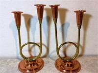 Mid-Century Copper and Brass Double Candleholders