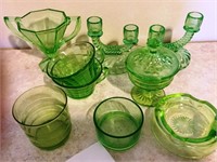9 pcs of Green Depression Glass