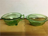 2 Green Depression Spouted Bowl