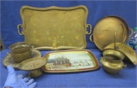 7 old brass items & currier ives tin tray