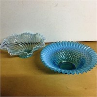 2 Blue and Opalescent Fluted Bowls