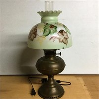 Electrified Brass Oil Lamp, Painted Glass Shade