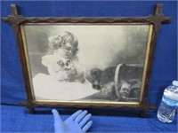 vintage girl with dog print in antique frame 16x22