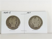 1909-S & 1911 BARBER SILVER HALF DOLLARS COIN