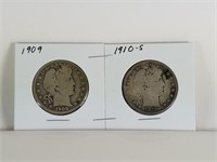 1909 & 1910-S BARBER SILVER HALF DOLLARS COIN