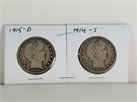 1915-D & 1914-S BARBER SILVER HALF DOLLARS COIN