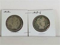 1912 & 1913-S BARBER SILVER HALF DOLLARS COIN