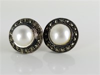 STERLING SILVER MARCASITE EARRINGS PEARL BUTTON