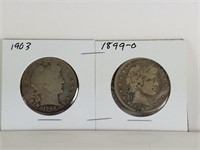 1903 & 1899-O BARBER SILVER HALF DOLLARS COIN