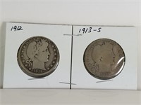 1912 & 1913-S BARBER SILVER HALF DOLLARS COIN