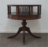 Mahogany Leather Top Round 2 Tier Drum Table