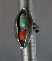 Native American Sterling Turquoise Coral Ring