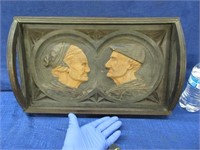 old hand carved & signed tray (man & lady)