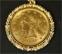 1894 $10 GOLD LIBERTY COIN DROP PENDANT