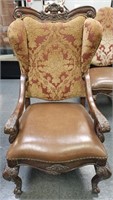 LARGE LEATHER / UPHOLSTERED ORNATE ARM CHAIR