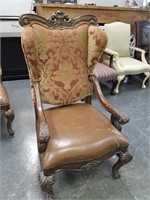 LEATHER & UPHOLSTERED ARM CHAIR ORNATE