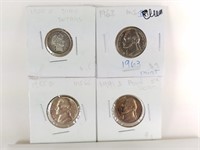 BARBER DIME AND 3 HIGH GRADE JEFFERSON NICKELS