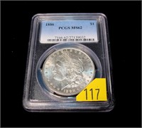 1886 Morgan dollar, PCGS slab certified MS-62
