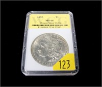 1892 Morgan dollar, slab certified MS-66